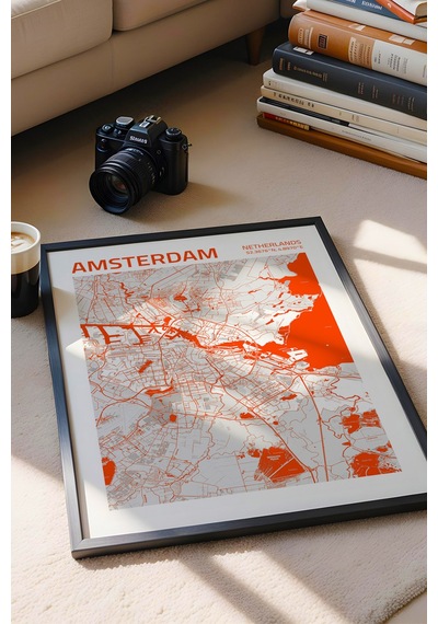 Amsterdam Hollanda Haritası Çerçeveli Tablo Lüks Salon Ofis Duvar Dekorasyonu Hediyelik Tablo