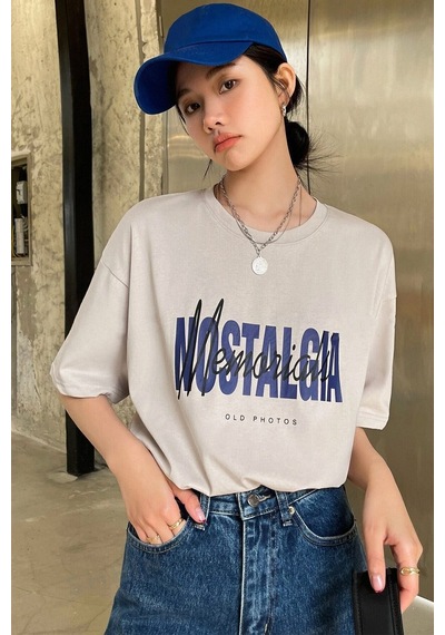 Uyguntarz Unisex Nostalgia Baskılı Oversize Tshirt Bej