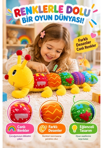 Desenli Tırtıl Pelüş Oyuncak 50 Cm Sarı Renkli Yumuşak Welsoft Kumaş Sevimli Çocuk Oyun Arkadaşı Şık