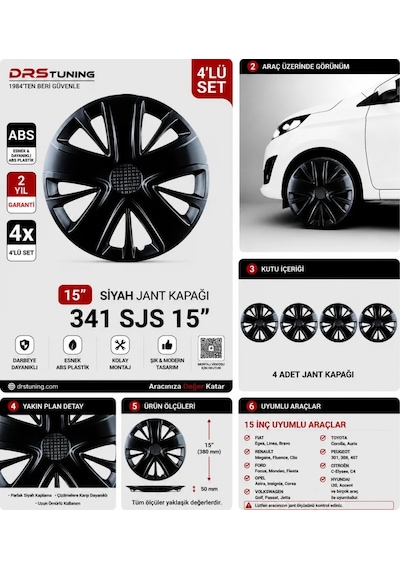 Alfa Romeo Uyumlu 15 Inç Kırılmaz Parlak Siyah Jant Kapağı 1 Takım 4 Adet No:341