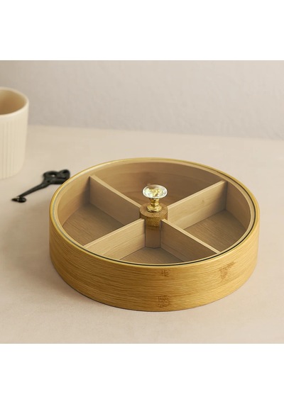 Bambu 4 Bölmeli Kapaklı Servis Sunum Kutusu 22 Cm Sarı