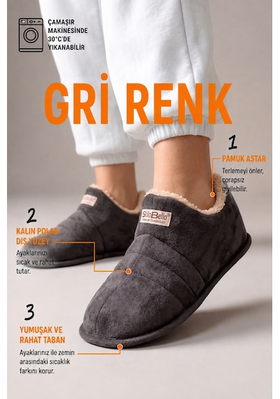 Stwenn Unisex Şık Kışlık Ev Terliği İçi Peluş Sıcak Tutan Kapalı Panduf Yumuşak Tabanlı Hafif Rahat Ev Botu Gri