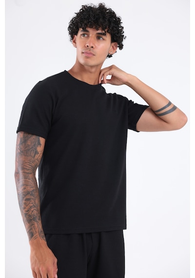 Rowinger Waffle Dokulu Nakış Logo Detaylı Oversize Erkek T-shirt Siyah