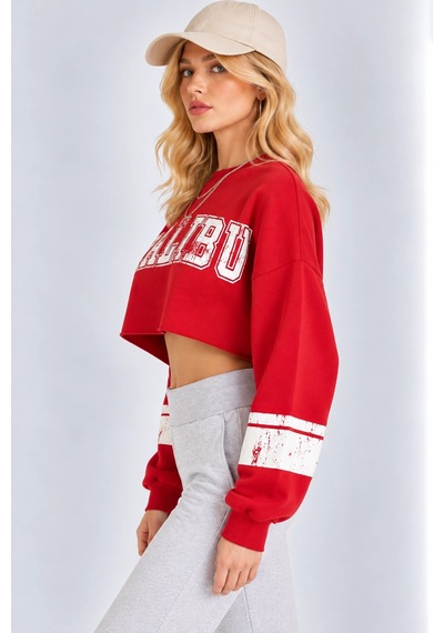 Mevese Malibu Baskılı Rahat Kesim Bisiklet Yaka Crop Sweatshirt - Kırmızı