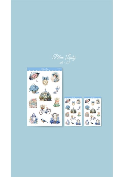 Blue Lady -12 Parçalı - Vintage Mavi Sticker Set -3 Adet- Mat Kağıt