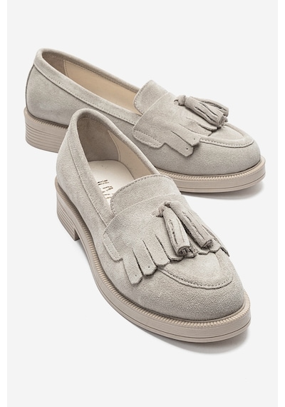 Luvishoes Milina Bej Süet Püsküllü Hakiki Deri Kadın Loafer Ayakkabı