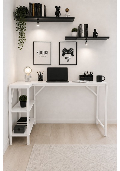 Beyaz L Masa, Kitaplıklı, Raflı, 120 Cm Çalışma Masası, Bilgisayar, Pc, Oyuncu, Gaming Masası Metal Ayaklı