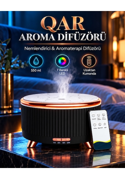 500 Ml Aroma Difüzör Hava Nemlendirici Esansiyel Yağ Uyumlu Ultrasonik Buhar Makinesi 7 Renk Led Işıklı Zamanlayıcılı Sessiz Mermer Görünümlü