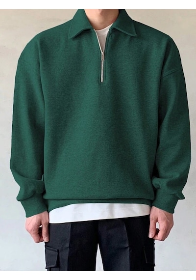Genius Store Genıus Store Erkek Polo Yaka Oversize Sweatshirt Yarım Fermuar Sweatshirt Oversıze-sweatshırt Yeşil