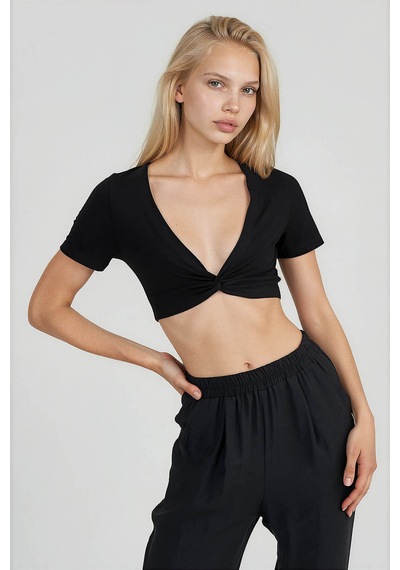 Vitrin Dekolteli Büzgülü Crop Bluz Siyah