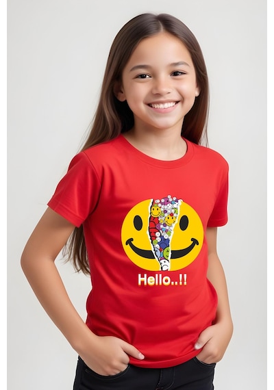 Panios Kids Emoji Baskılı Kız Çocuk Kısa Kollu T-shirt Kırmızı