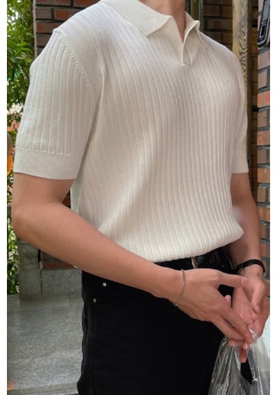 Erkek Fitilli Polo Yaka Triko T-shirt Beyaz