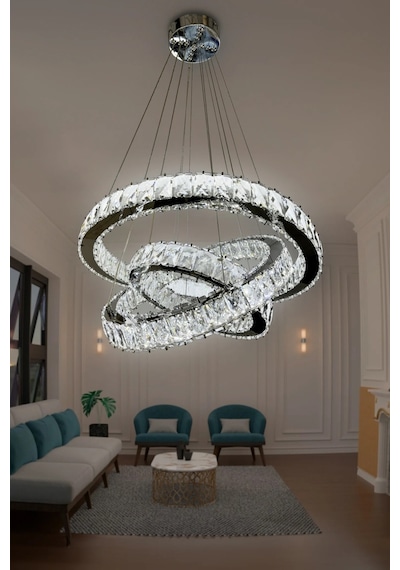 G-light 3 Katlı Kristal Taşlı Modern Led Avize Renkli