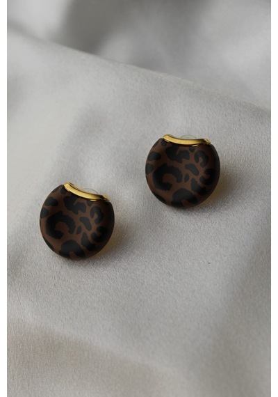 Leopar Desenli Düğme Model Küpe Koyu Kahve