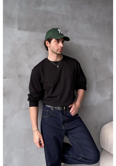 Erkek Oversize Uzun Kollu Basic T-shirt Siyah