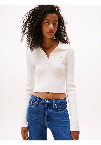 Tommy Jeans Tjw Klasik Polo Uzun Kollu Kadın Kazak Dw0dw21829ybh Beyaz