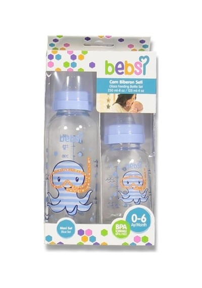 Bebsi Erkek Bebek 2'li Cam Biberon Seti, Mavi, 250ml+150ml Çok Renkli