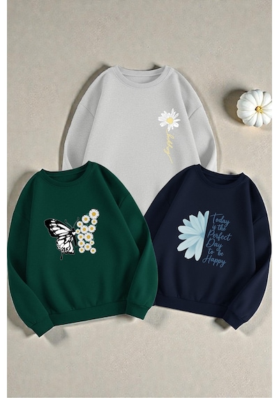 Uyguntarz Çok Renkli En Sevilen Papatya Serisi Baskılı Sweatshirt 3'lü Fırsat Paketi