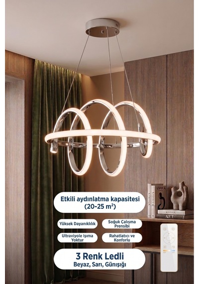Helix Kumandalı Modern Krom Sarkıt 3 Renk Ledli