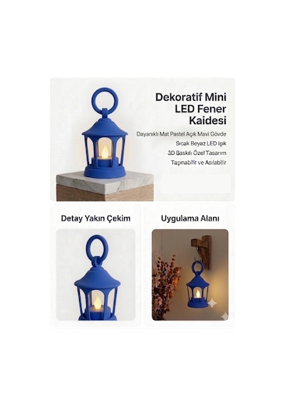 Dekoratif Fener Mini Kaide Led Mumlu Modern Masaüstü Aydınlatma - Otantik Ortam Aydınlatması - Mavi
