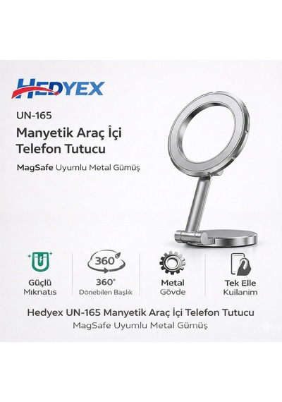 Hedyex Un-165 Manyetik Araç İçi Telefon Tutucu Magsafe Uyumlu Metal Gümüş
