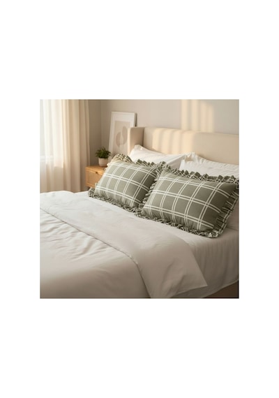 Fırfırlı Yastık Kılıfı 2 Li Set Tek Kişilik %100 Organik Pamuk 50x70 Cm 8 Farklı Desen Seçenekli Yeşil Ekose