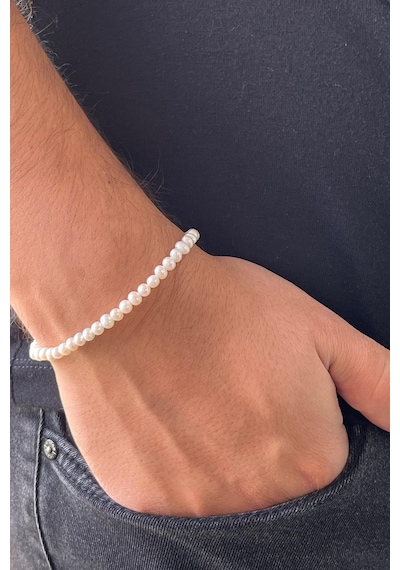 4,5 Mm Doğal İnci Sıralı Erkek Bileklik 21 Cm / Beyaz Gümüş