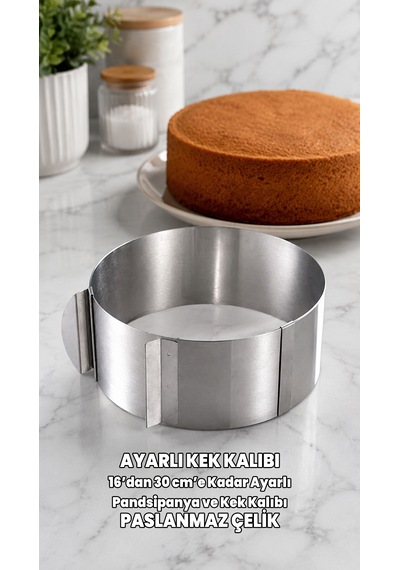 Ayarlanabilir Kek Kalıbı - Ölçekli Pandispanya Halkası - 304 Paslanmaz Çelik - 16cm'den 30cm'e Kadar Çap Ayarı Krom