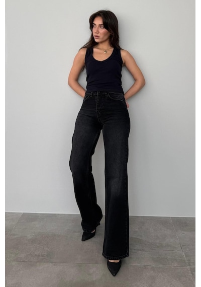Madmext Siyah Yüksek Bel Kadın Wide Leg Pantolon Mg2388 Siyah