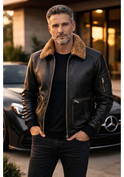 Viamod Leather Erkek Hakiki Deri Ceket Kürk Yakalı Siyah Premium Pilot Model Gerçek Deri Mont Üretici Garantili Siyah Eskitme