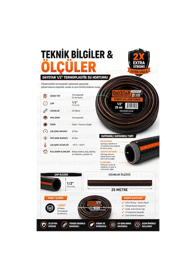 Patlamaz 1/2 İnç 25 Metre Termoplastik Su Hortumu 2x Extra Strong Yüksek Basınca Dayanıklı Esnek Bah