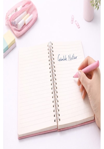 Kurdele Desenli Sert Kapak Spiralli Kareli Defter 17x24cm 120 Yaprak 1 Adet Not Defteri Okul Büro Ofis Defteri Pembe