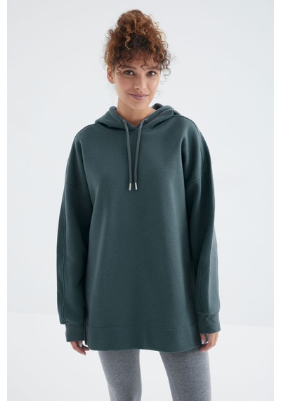 Tommy Life Orman Yeşili Reglan Kol Basic Kapüşonlu Oversize Sweatshirt Tunik - 97242 Orman Yeşili