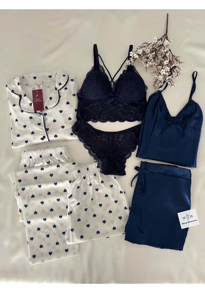 Mh Moony Homewears 7'li Lacivert Kalpli Saten Penye Pijama Takımı Iç Giyim Çeyiz Seti Lacivert