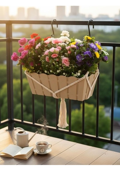 Yapay Çiçek Bej Balkon Saksıda Küpeşte Askılı Açelya Çiçeği Karışık Renkli Çiçek Sepeti 50cm Krem