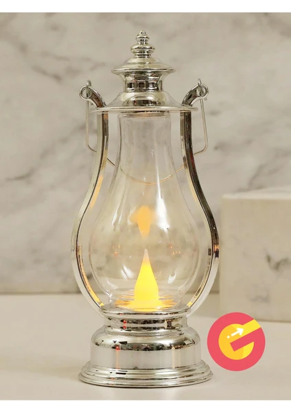 Retro Alev Efektli Led Lamba Pilli Gaz Lambası Modeli Kandil Atmosfer Dekoratif Ramazan Yılbaşı Aydınlatma Gümüş