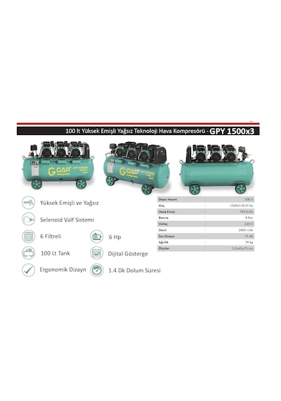 Gap Kompresör Gpy1500x3 6 Hp 8 Bar 100 Lt Sessiz Yağsız Kompresör