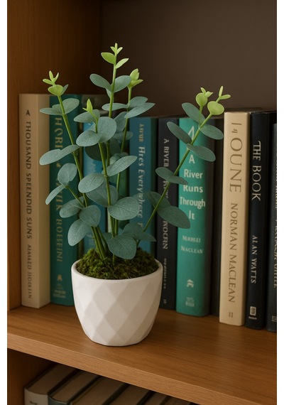 Dekoratif Yapay Eucalyptus Beton Saksıda Masaüstü Çiçek 27x20 Cm Beyaz