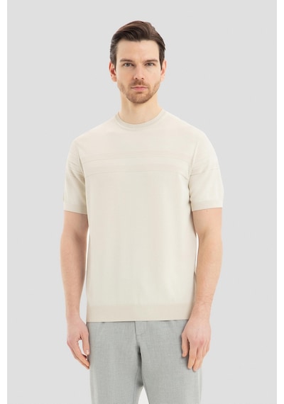 Sabri Özel Erkek Bej Dar Kesim Slim Fit Viskon Jakarlı Triko Bisiklet Yaka Tişört