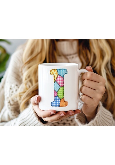 I Harfi Renkli Yamalı Tasarım Kupa Bardak - Bohem Patchwork Desenli Kupa - Etnik Hediyelik Beyaz