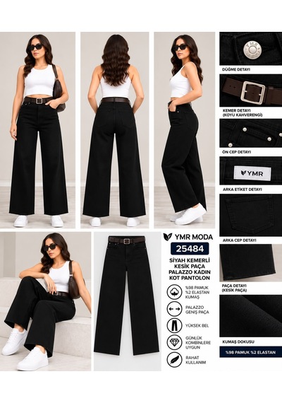 Ymr Moda Siyah Kemerli Kesik Z R Model Palazzo Kadın Jeans 25484