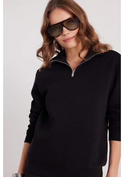 Tudors Kadın Relax Fit Rahat Kesim Pamuklu İçi Polarlı Yarım Fermuarlı Siyah Dik Yaka Sweatshirt-37888 SiYAH