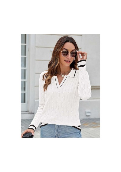 Youknitwear You Riviera Polo Yaka Kadın Kazak Beyaz Çizgili