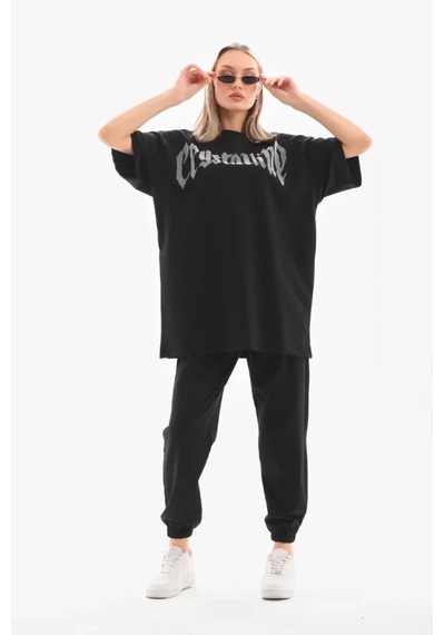 Soonaksesuar Unisex Taş Desenli Oversize T-shirt - Beyaz SIYAH
