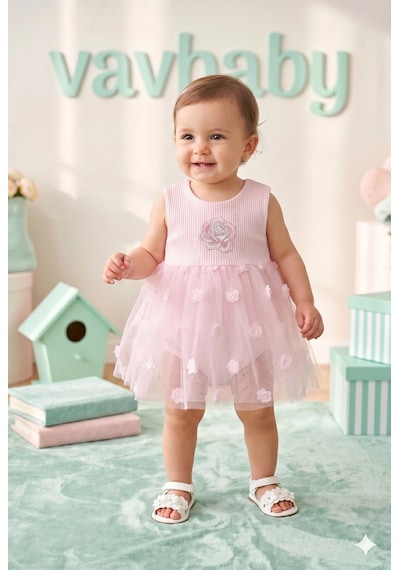Kız Bebek Gül Nakışlı Tül Detaylı Tütü Elbise Pembe