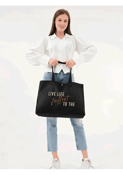 Çınar Bez Çanta Siyah 3 Çıtlı Live Life Baskılı Büyük Boy Kanvas Çanta - Standart