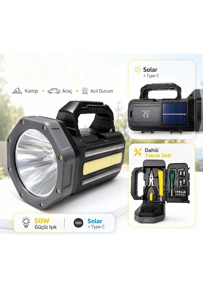 Gold Gp-620 Solar Şarjlı 50 Watt Güçlü Kamp El Feneri Takım Çantalı