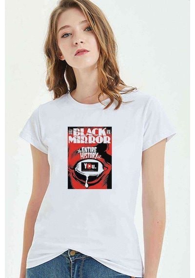 Black Mirror Red Baskılı Beyaz Kadın Tshirt
