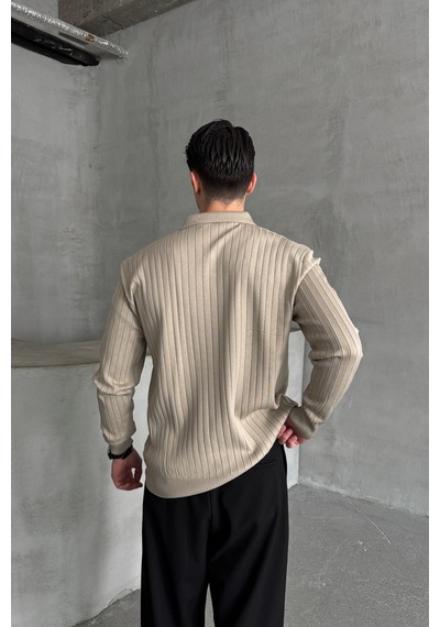 Erkek Polo Yaka Fitilli Oversize Triko Kazak Bej