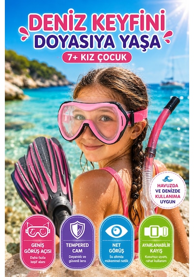 Pembe Çocuk Deniz Havuz Dalış Maskesi Tempered Cam Tek Silikon Ayarlı Yüzücü Maskesi 7+ Yaş